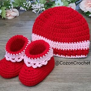Newborn baby girl set, red and pink booties and beanie set, baby shower gift